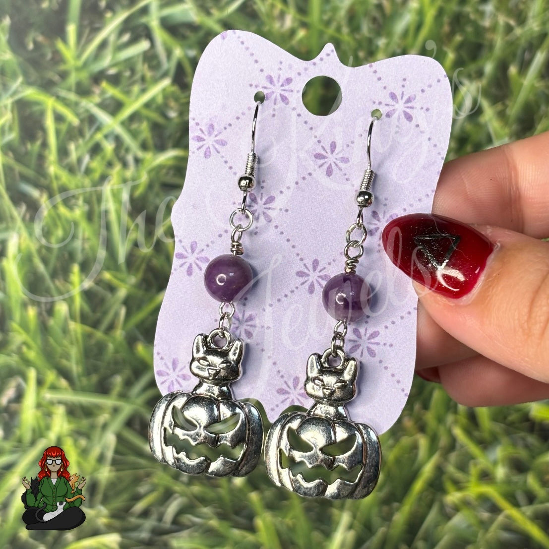 Katie - Pumpkin Kitty & Amethyst Bead Earrings!