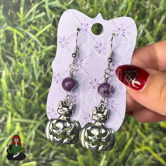 Katie - Pumpkin Kitty & Amethyst Bead Earrings!