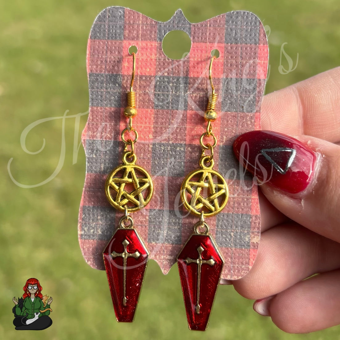 Katie - Pentacle & Red Coffin Earrings!