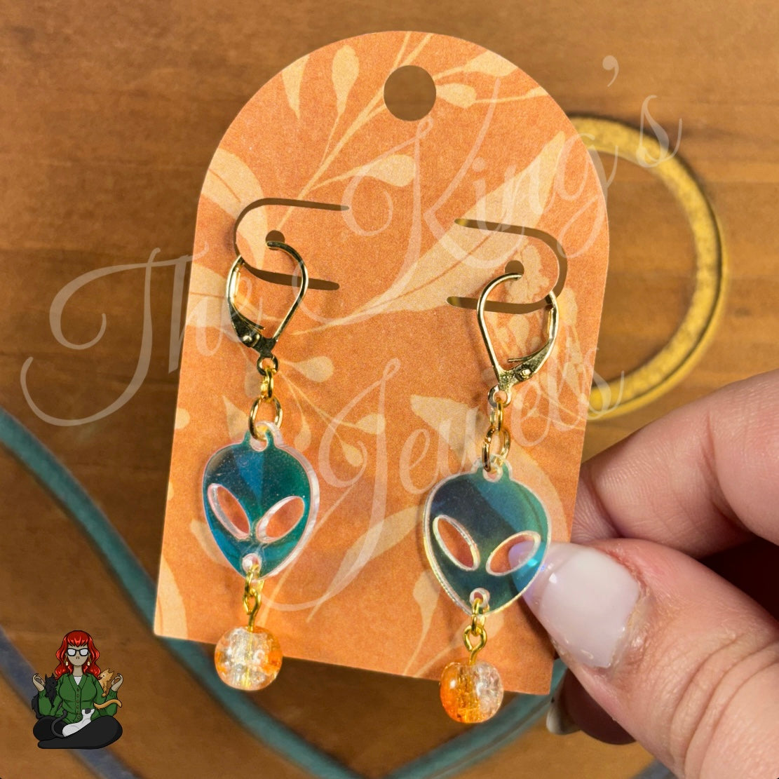 Katie - Orange Crackle Bead & Holo Alien Head Earrings!