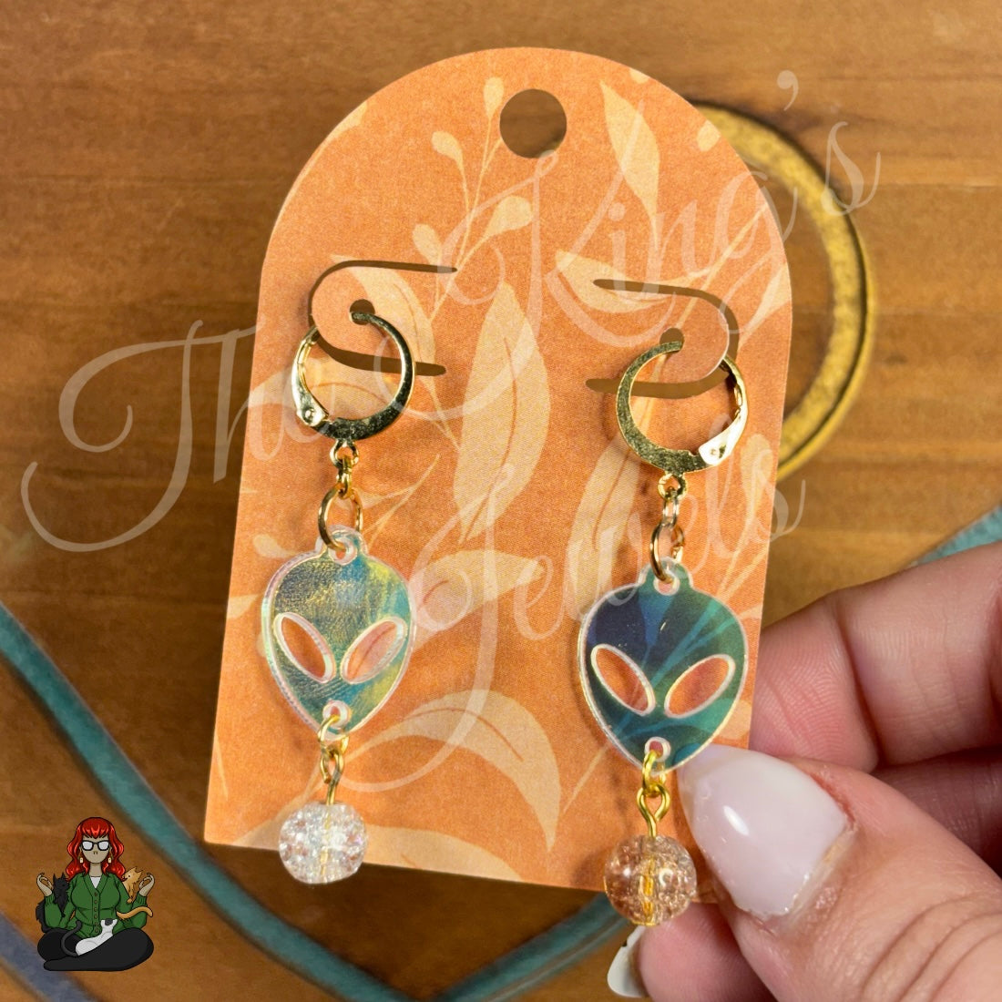 Katie - Champagne Crackle Bead & Holo Alien Head Earrings!