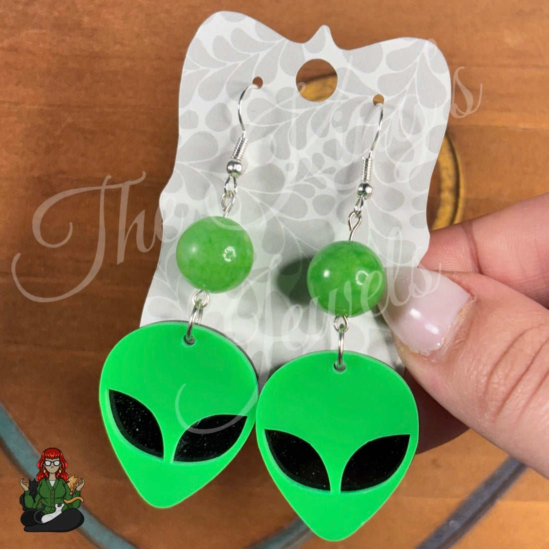 Katie - Green Jade Oversized Alien Head Earrings!