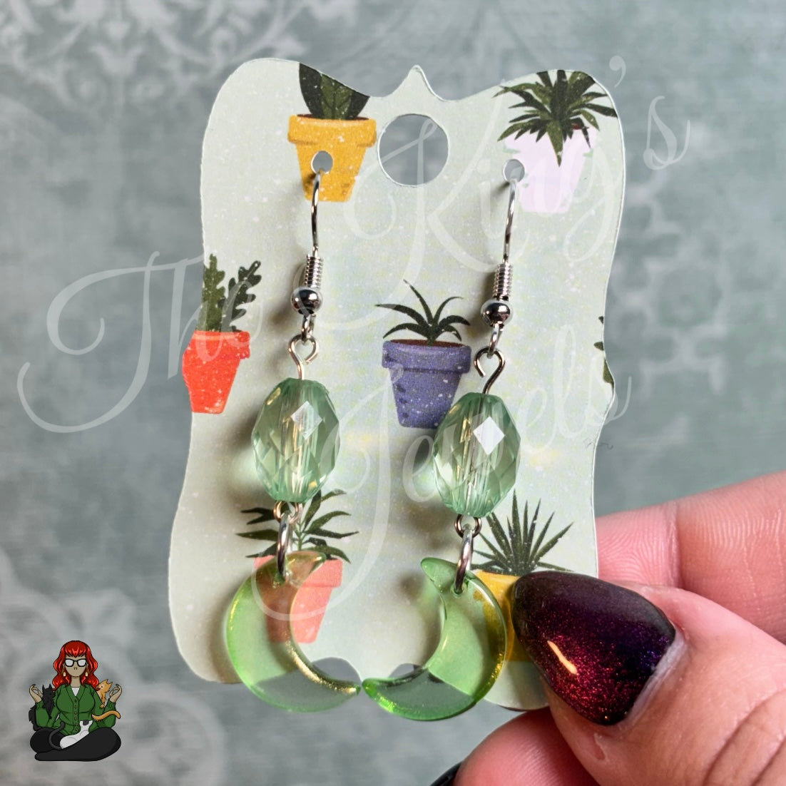 Katie - Green Glass Crescent Moon Drop Earrings!