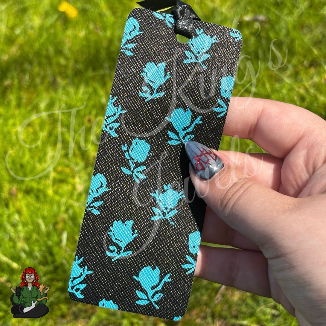 Shannon - Blue Floral Faux Leather Bookmark!