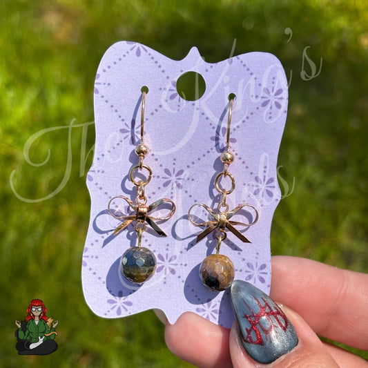 Katie - Tiger Eye Glass Bead & Gold Bow Earrings!