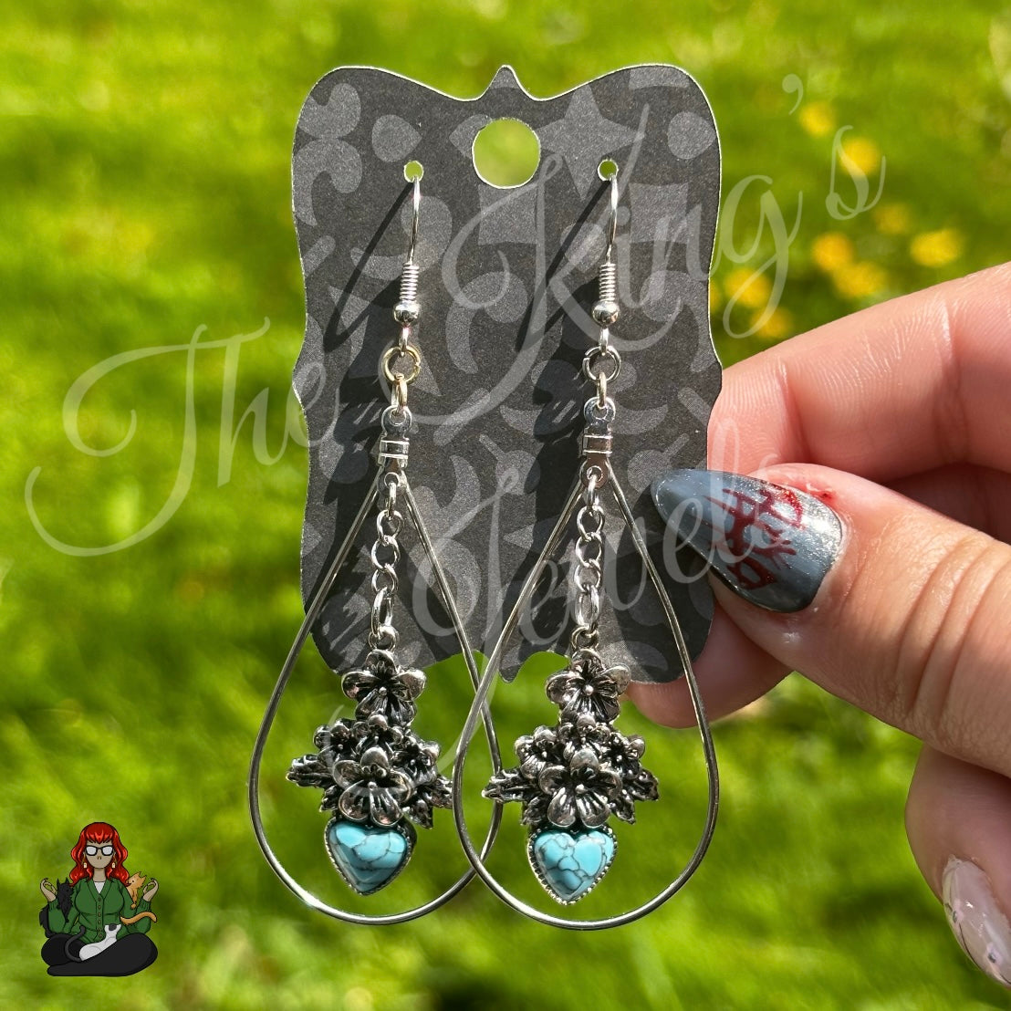 Rose - Turquoise Heart Floral Teardrop Earrings!