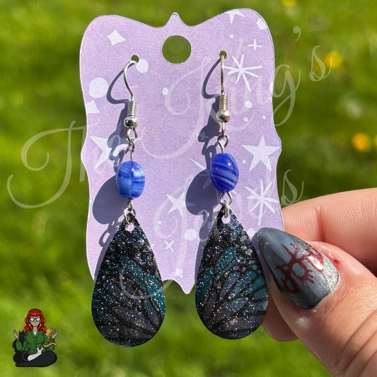 Rose - Blue Butterfly Wings Tear Drop Earrings!