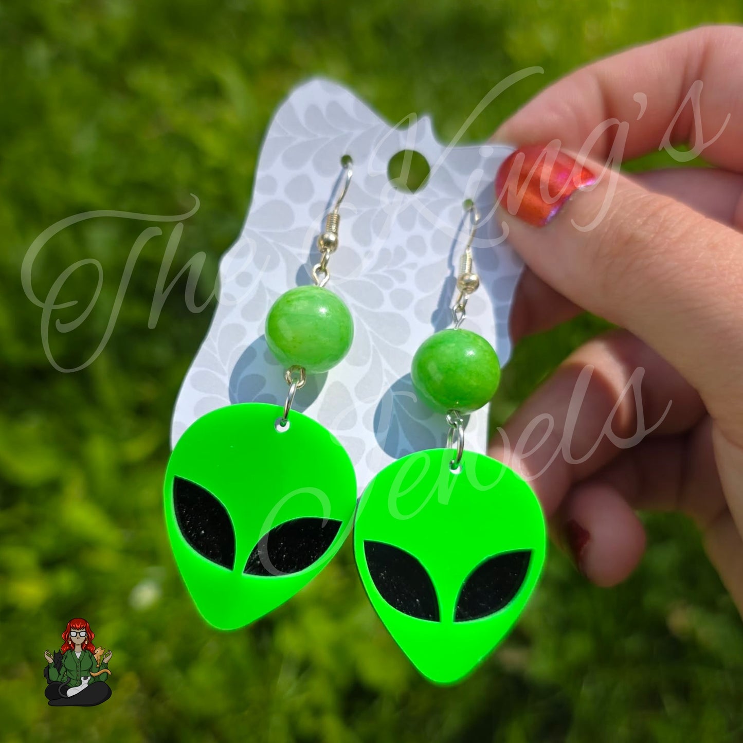 Katie - Green Jade Oversized Alien Head Earrings!