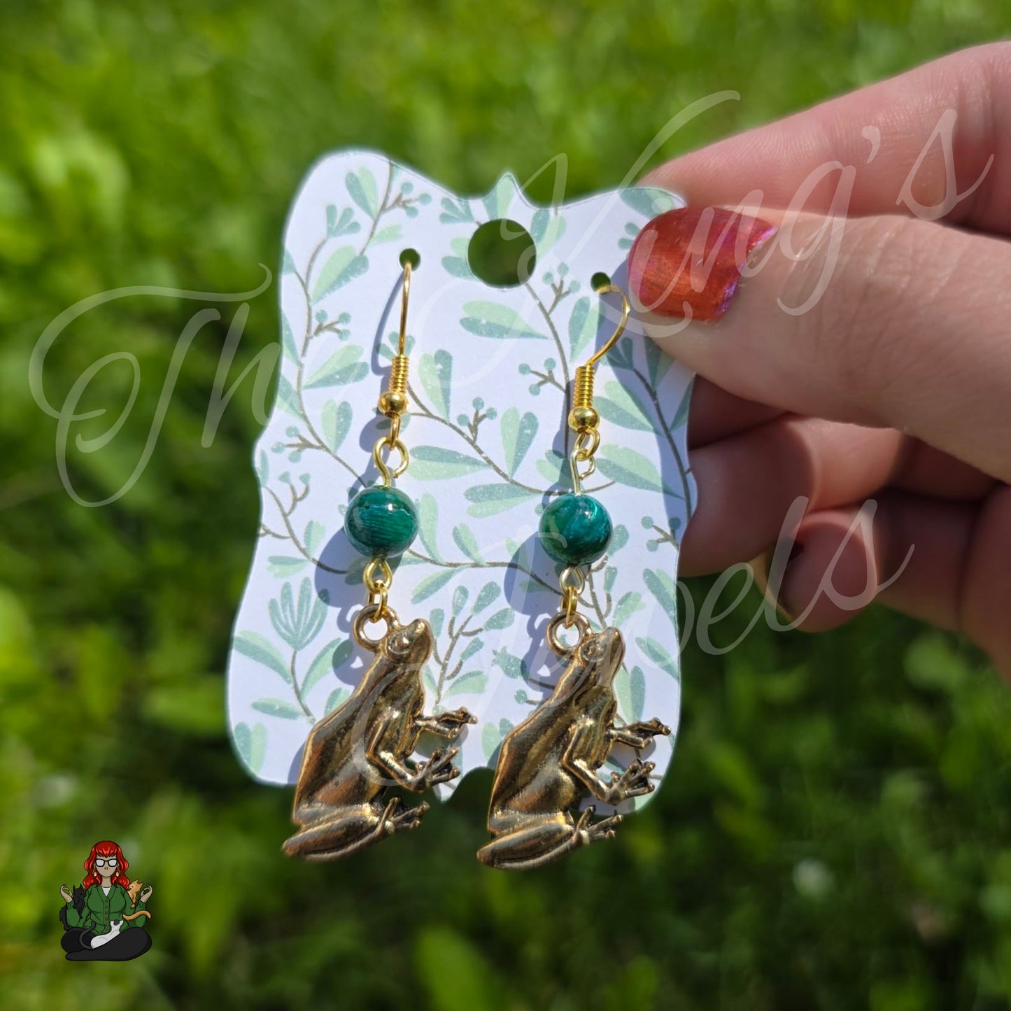 Katie - Golden Frog & Green Dyed Shell Earrings!