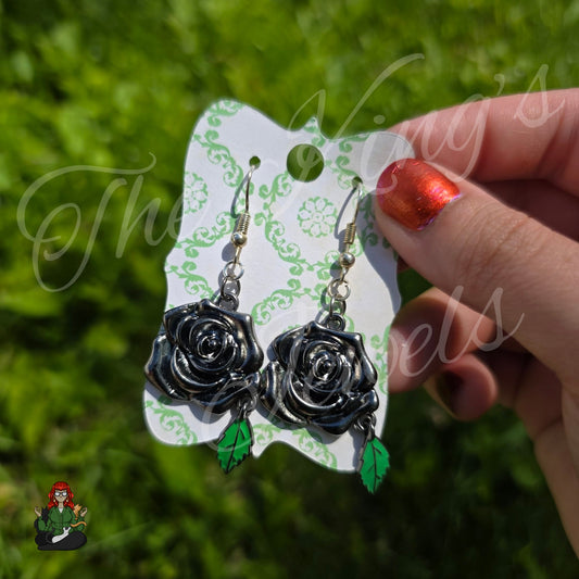Katie - Black Rose Green Leaf Earrings!