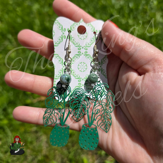 Gladys - Green Monstera With Moss Agate Bead Earrings!