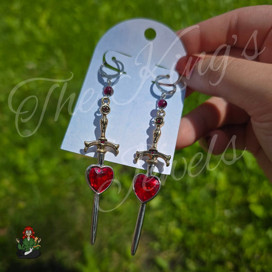 Katie - Mixed Metal Sword & Red Garnet Bead Earrings!