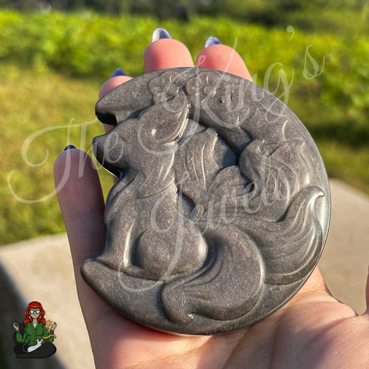 Silver Sheen Obsidian Foxes with Stand Crystals!