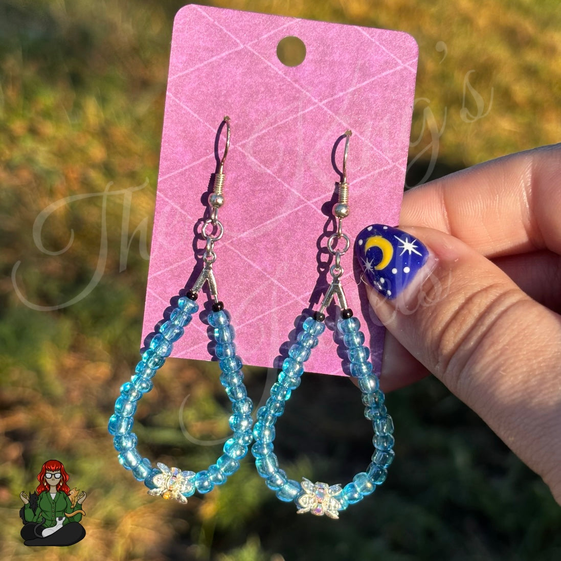 Rose - Blue Teardrop Glass Beads & Rhinestone Earrings!