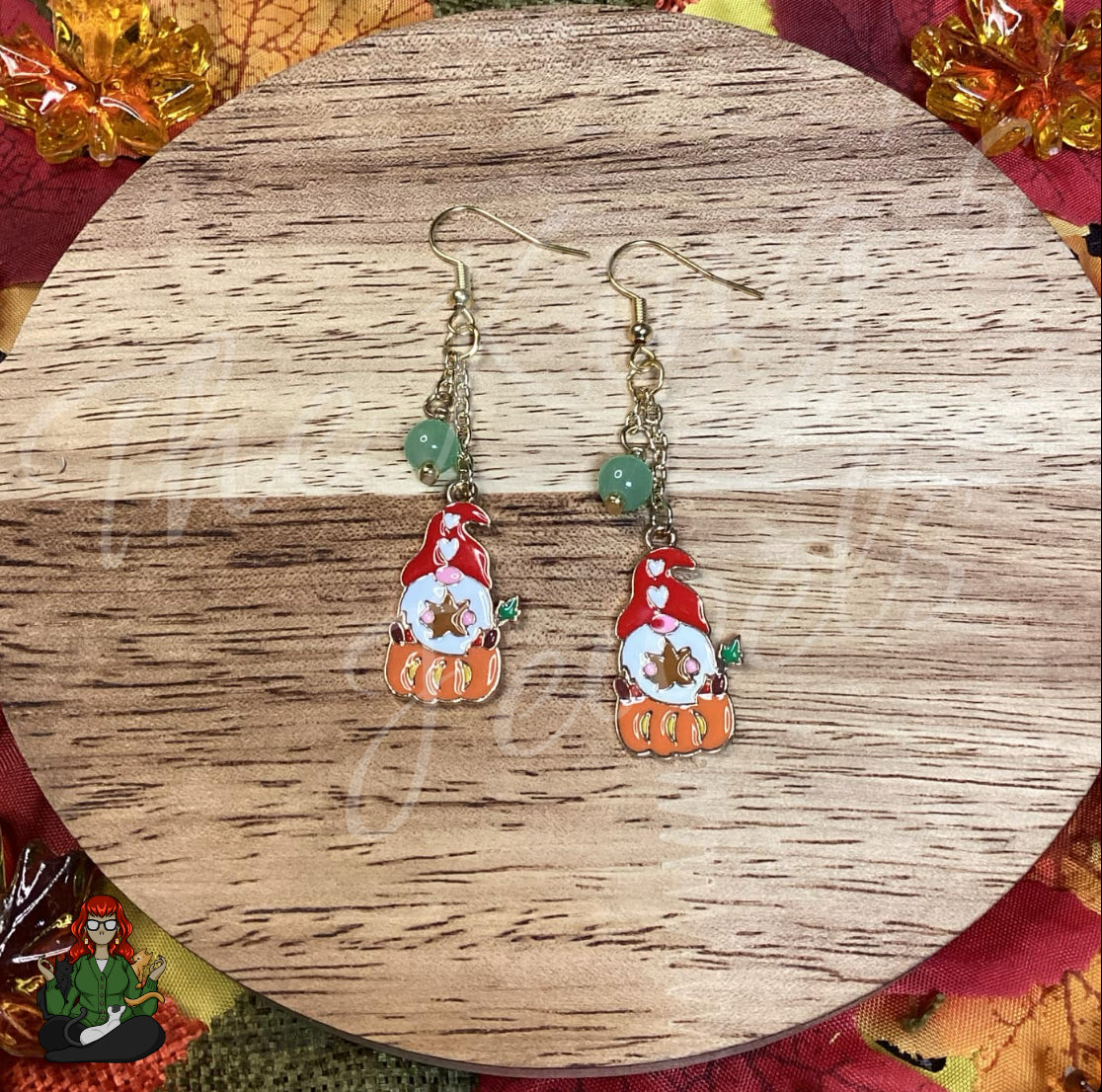 Gladys - Pumpkin Gnome & Green Bead Earrings!