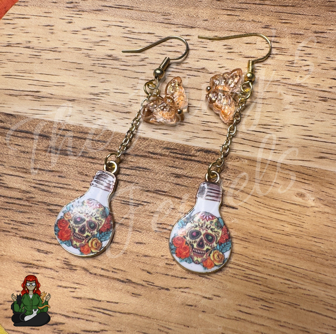 Gladys - Lightbulb Sugar Skull & Butterfly Earrings!