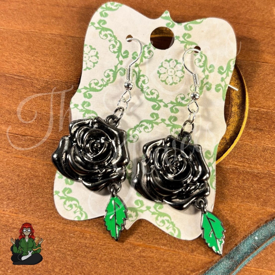 Katie - Black Rose Green Leaf Earrings!