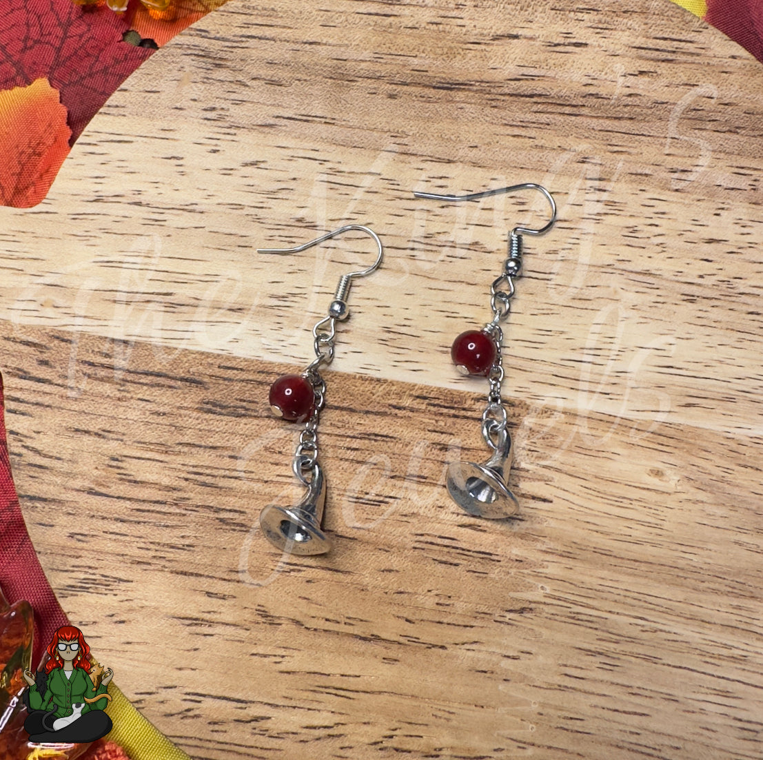 Gladys - Red Glass Bead & Silver Witch Hat Earrings!