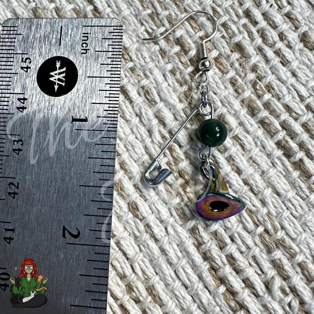 Raven - Moss Agate Bead & Witch Hat Charm Earrings!