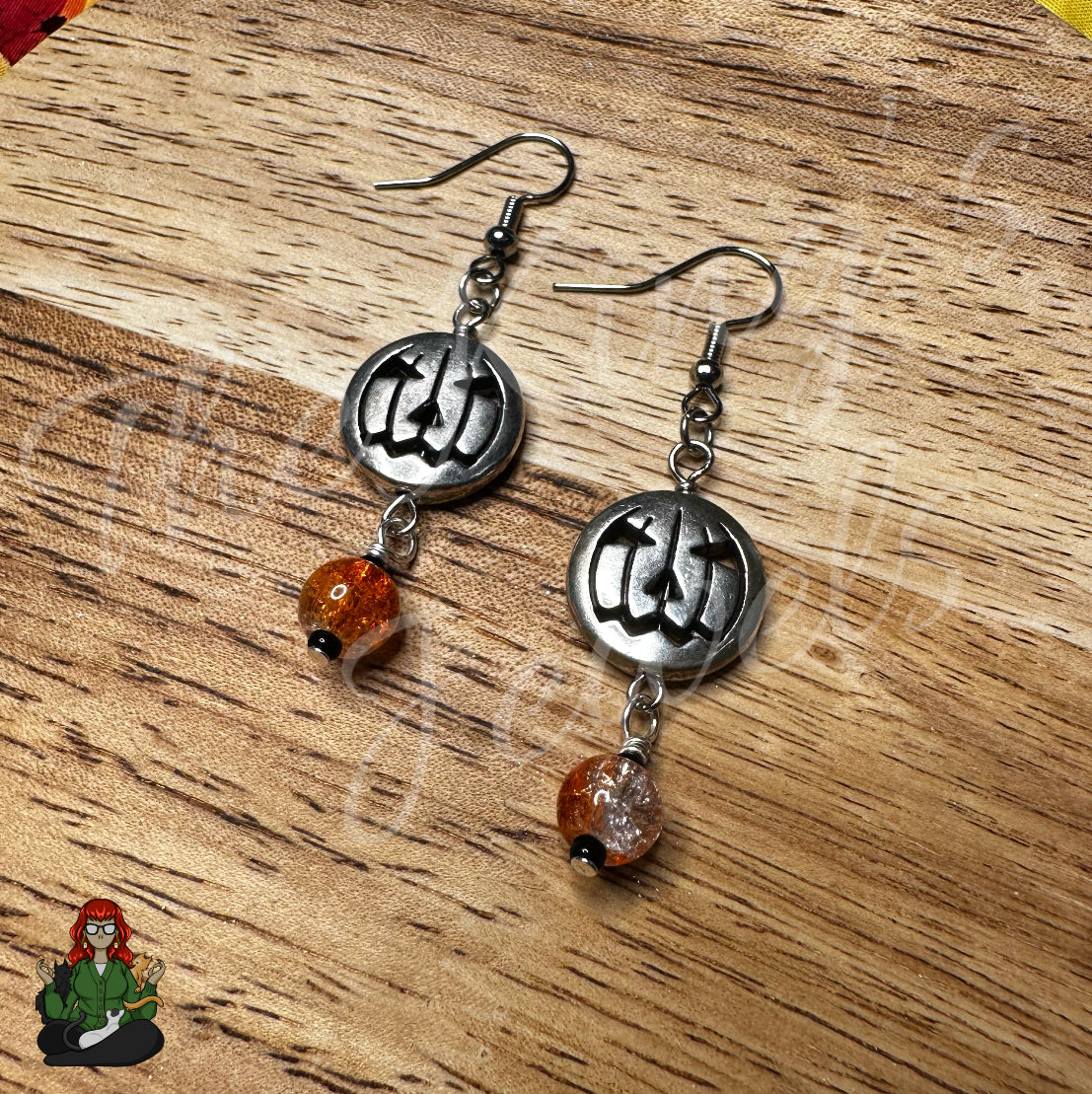 Katie - Silver Jack O' Lantern & Orange Bead Earrings!