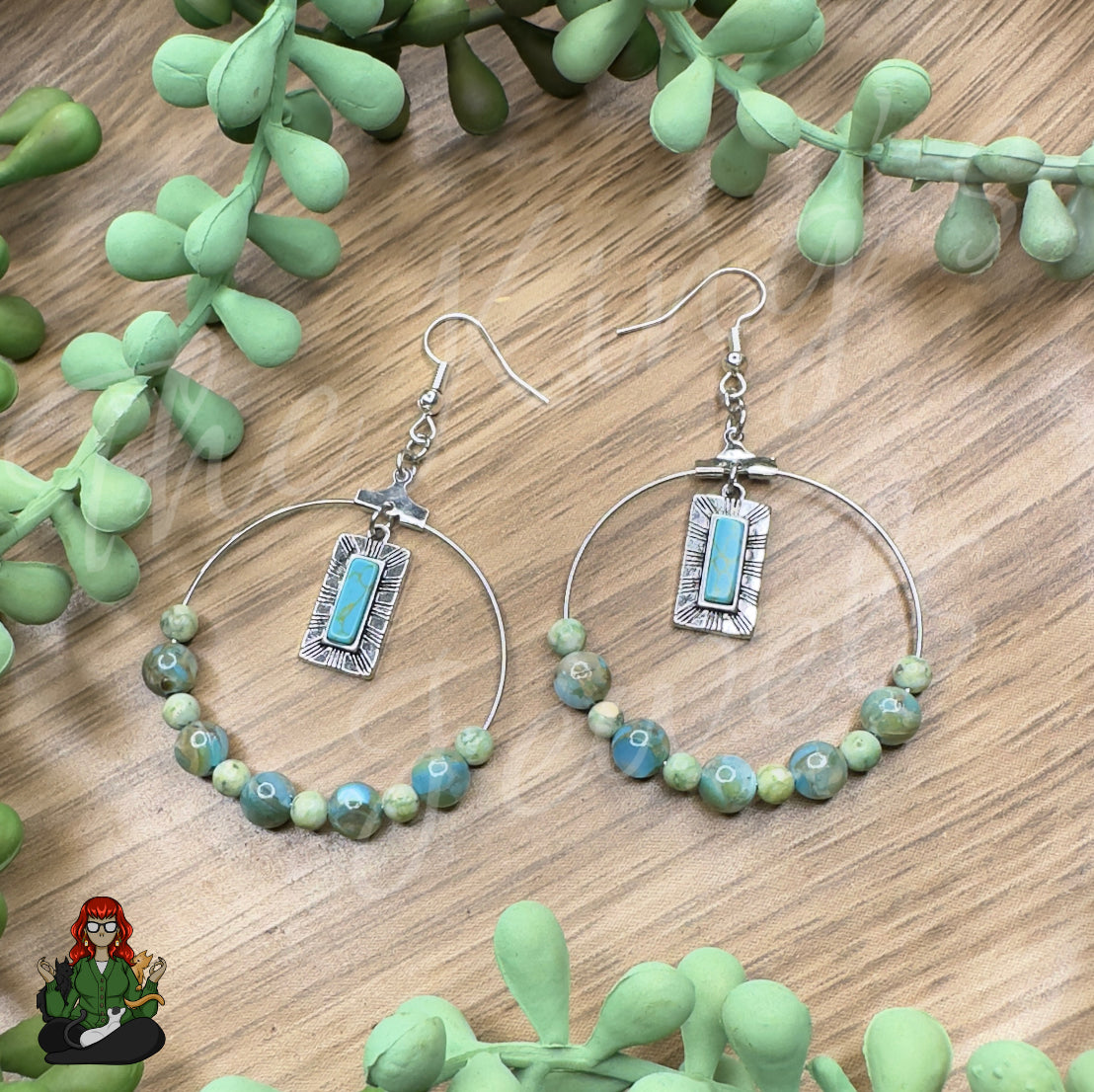 Riona - Flashy Green & Blue Bead with Center Pendant Earrings!