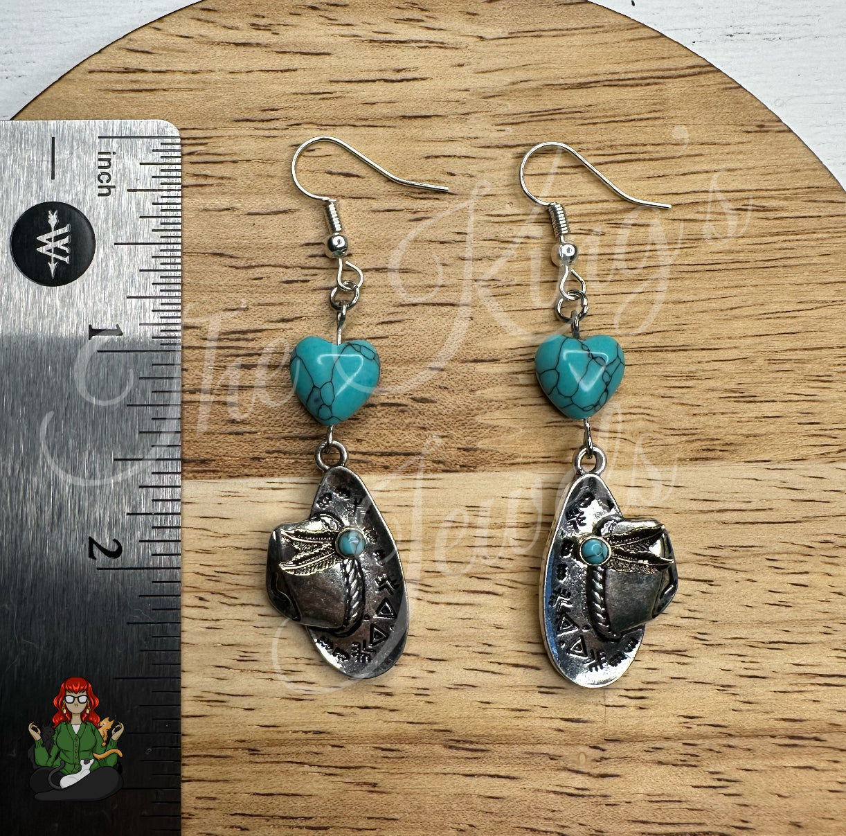 Katie - Teal Heart Bead & Cowboy Hat Earrings!