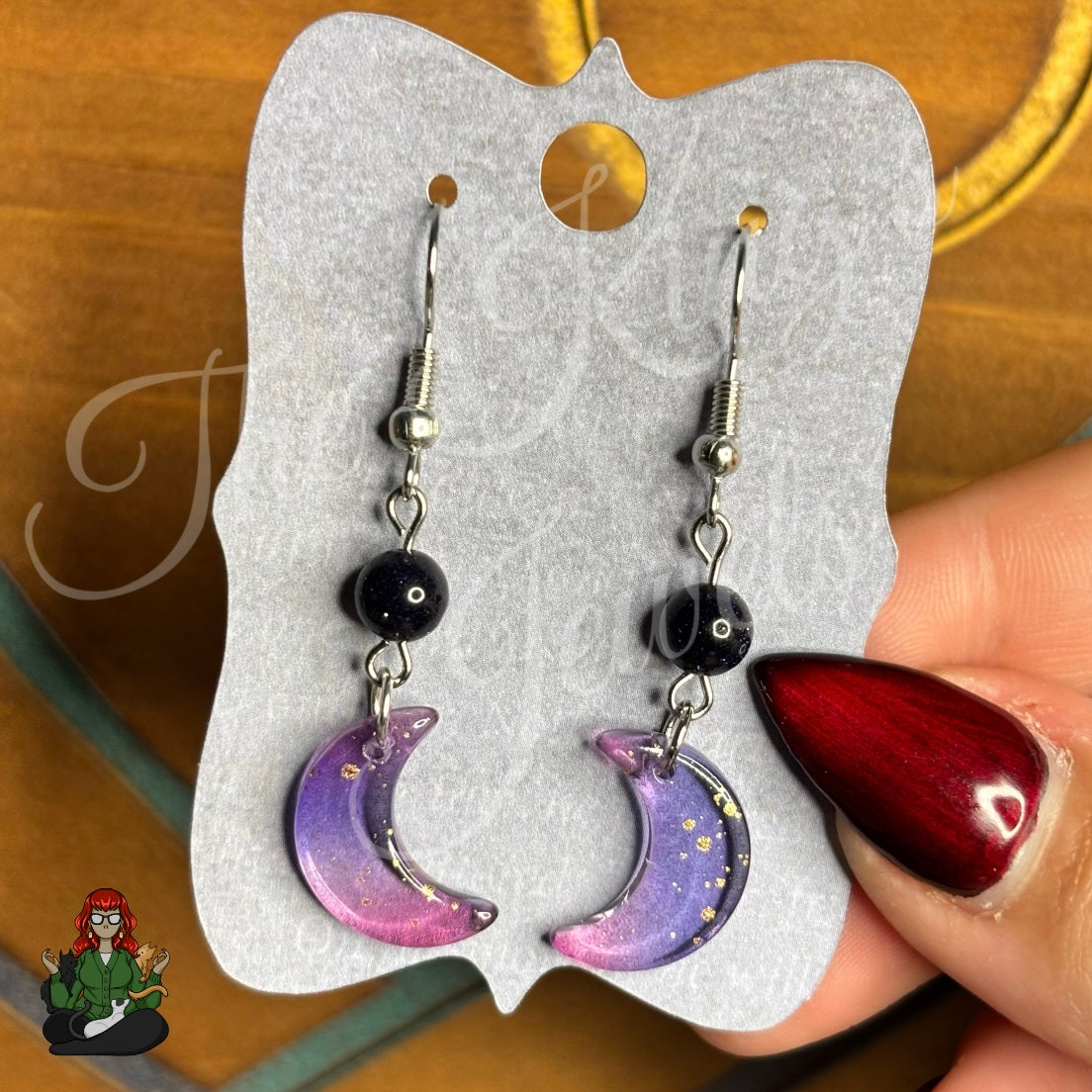 Katie - Moon Crescent Galaxy & Blue Goldstone Bead Earrings!