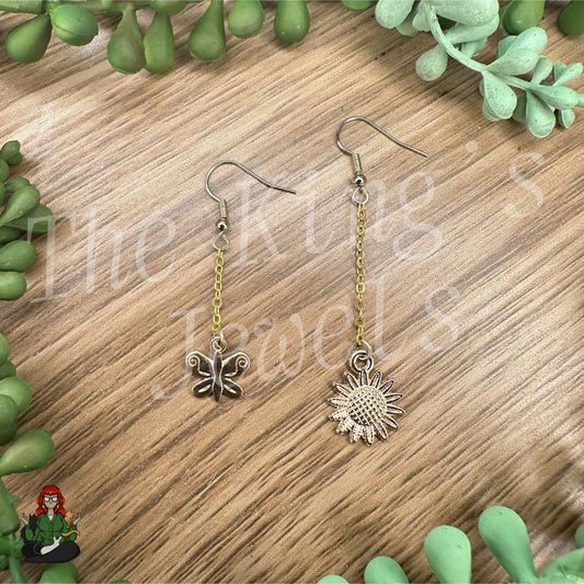 Gladys - Mismatch Sunflower & Butterfly Earrings!