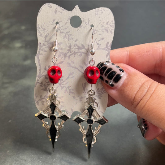 Katie - Red Skull & Gothic Cross Earrings!