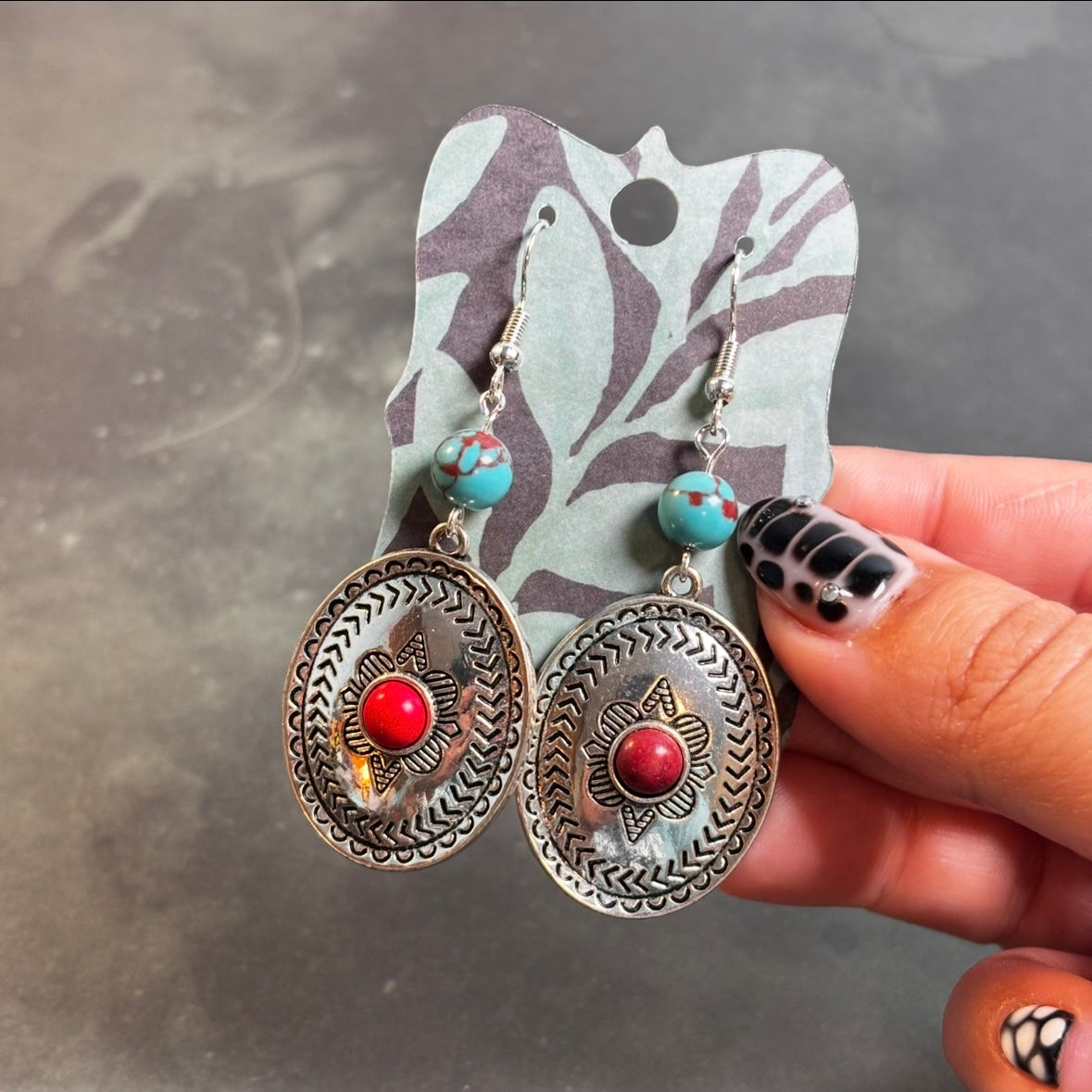 Katie - Dyed Howlite & Aztec Concho Earrings!