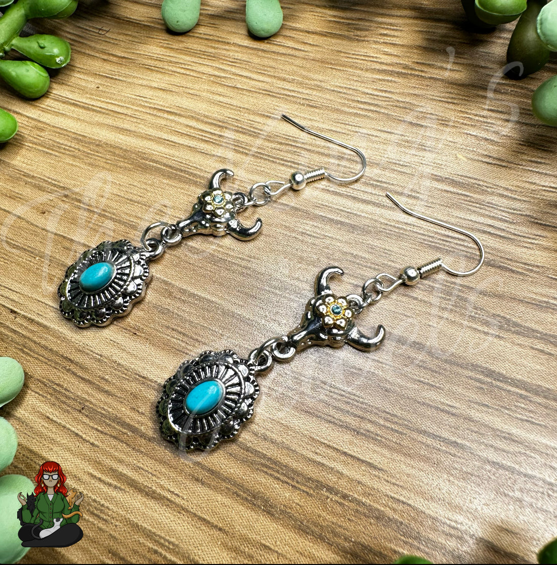 Katie - Multi-Metal Steer Skull & Turquoise Earrings!