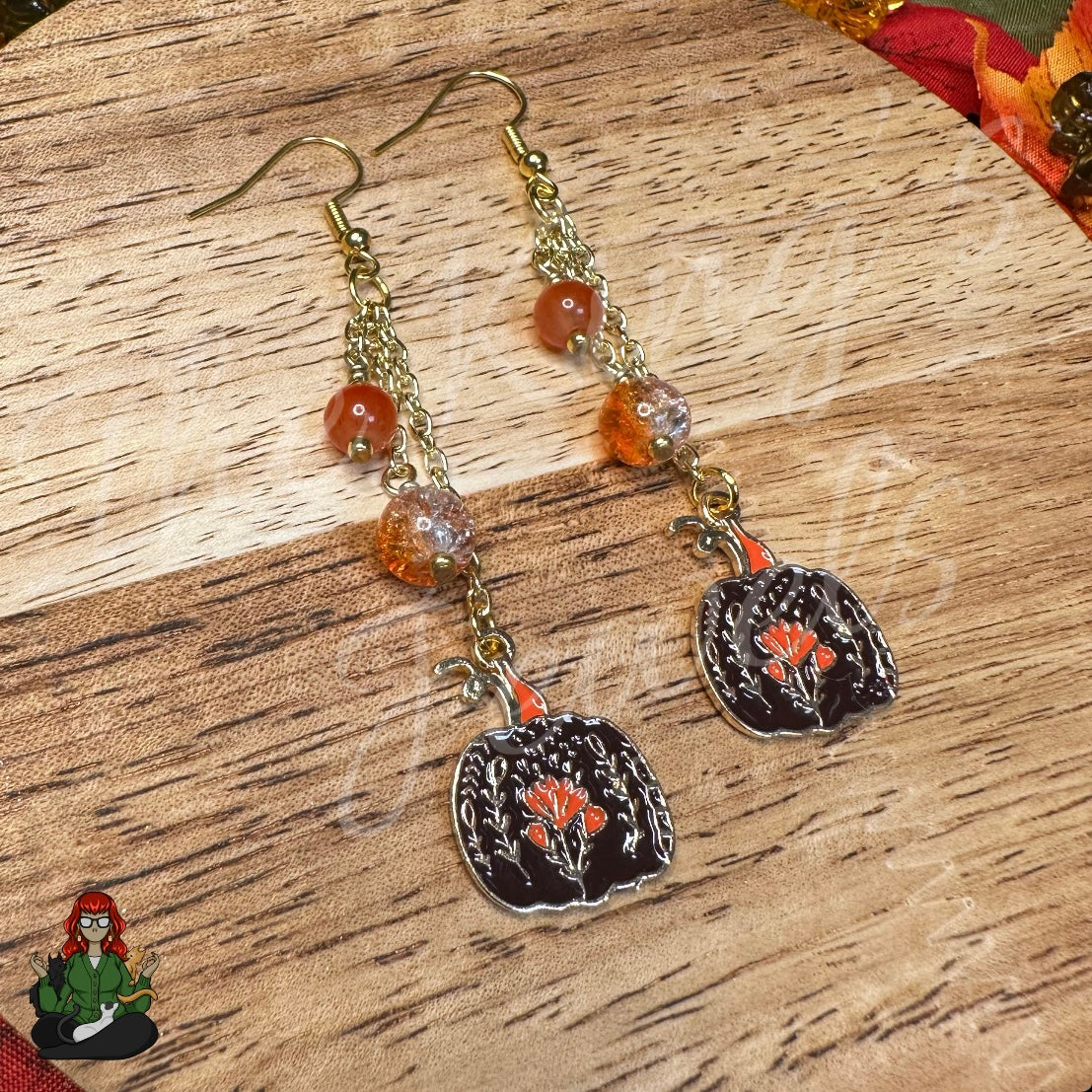 Gladys - Beaded Brown Pumpkin & Flower Accent Earrings!