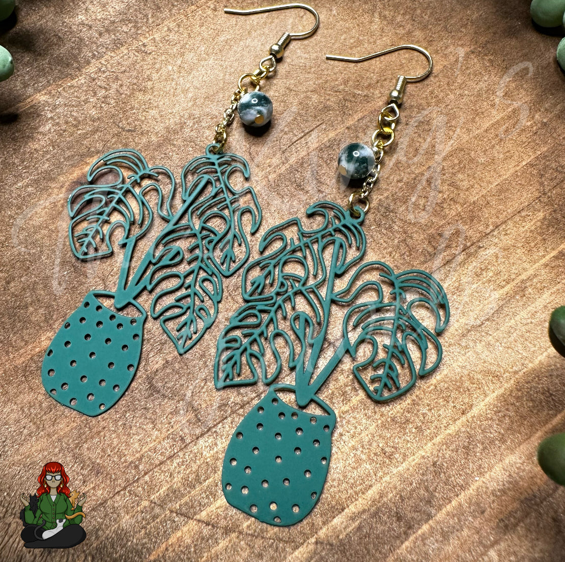 Gladys - Monstera & Moss Agate Bead Earrings!