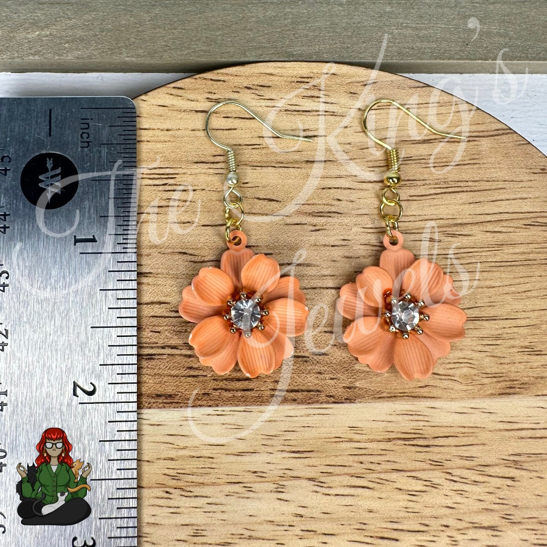 LeonaRae - Coral Flower & Rhinestone Center Earrings!