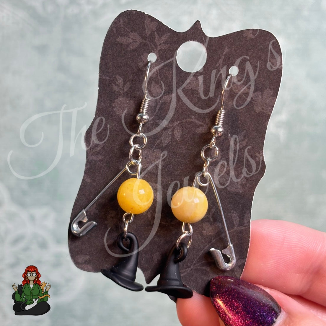 Raven - Safety Pin Witch Hat & Yellow Jade Earrings!
