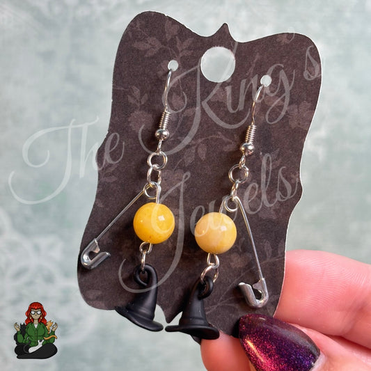Raven - Safety Pin Witch Hat & Yellow Jade Earrings!