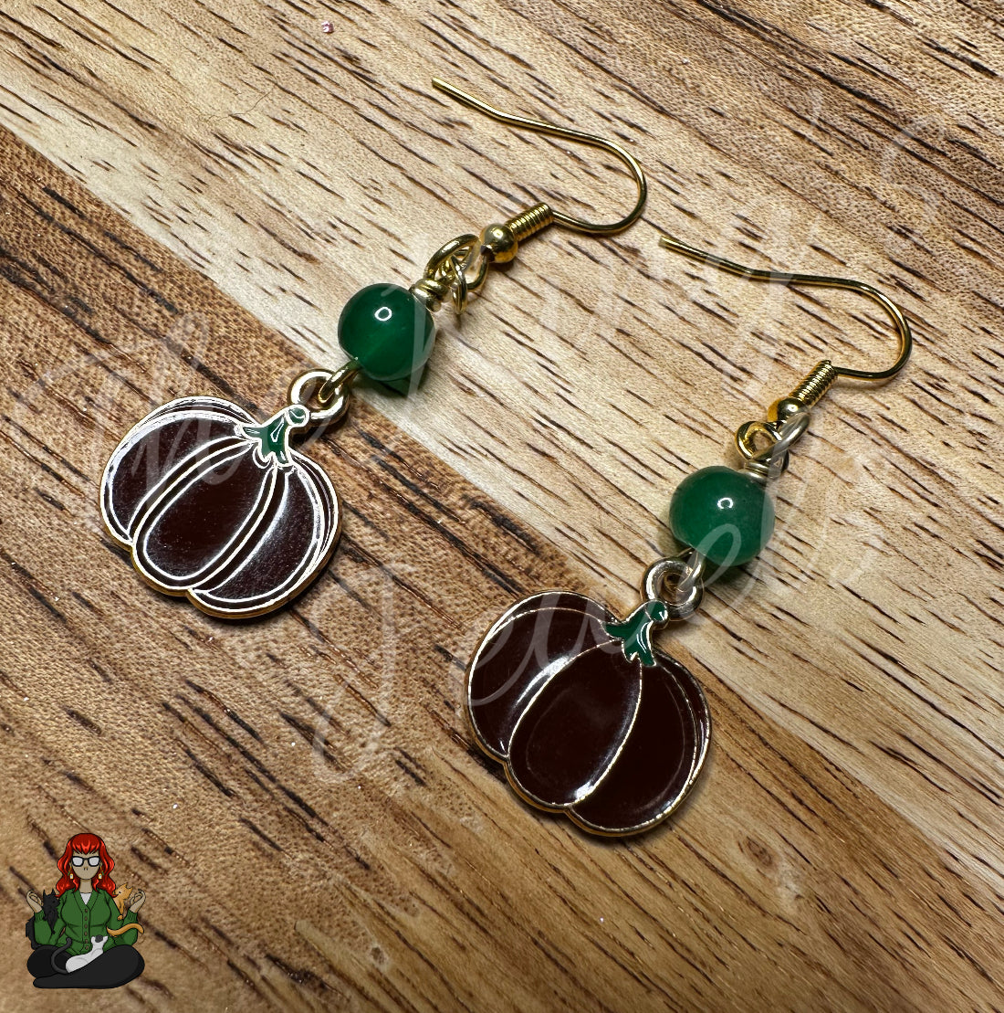 Katie - Brown Pumpkin & Green Bead Earrings!