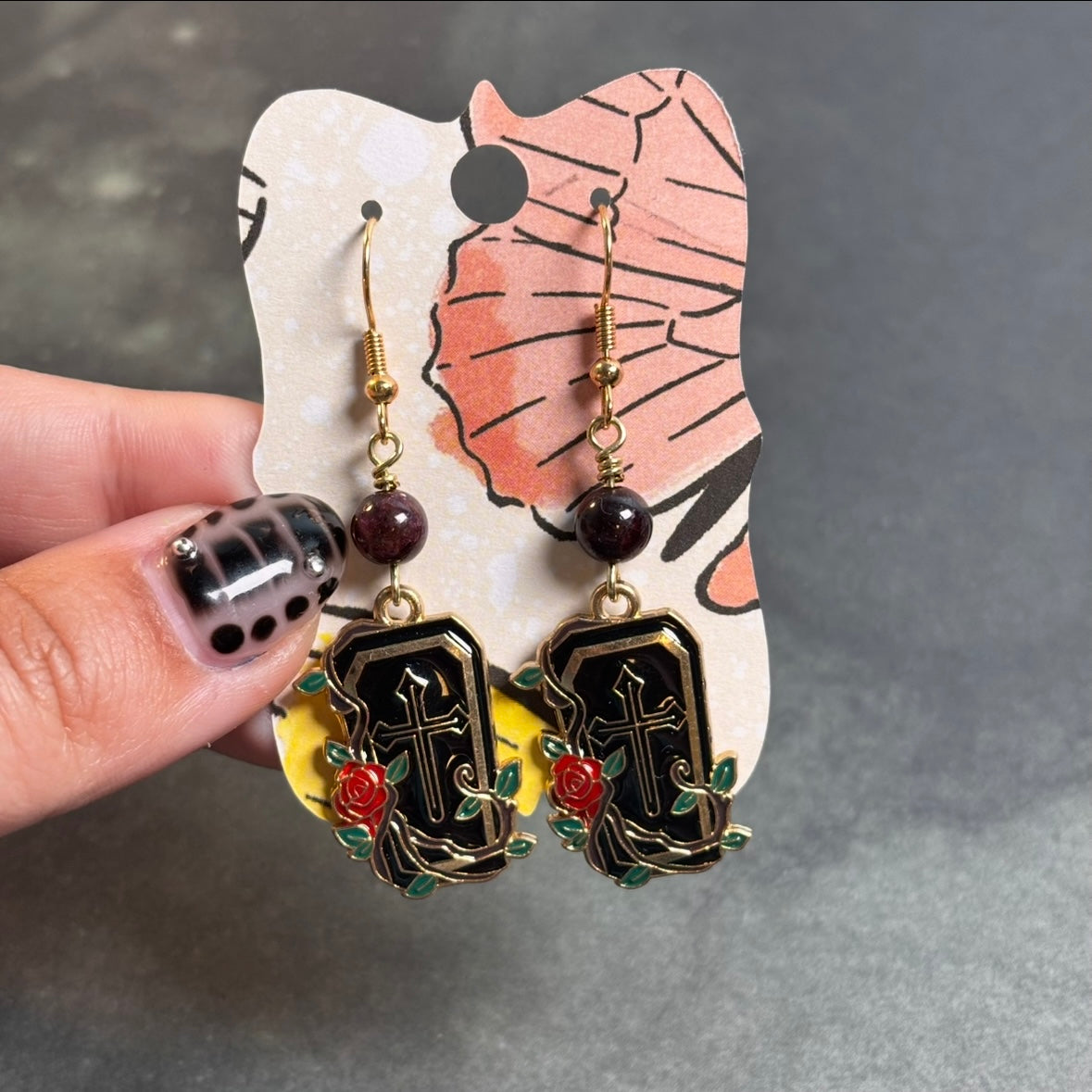 Katie - Roses & Crosses with Garnet Bead Earrings!