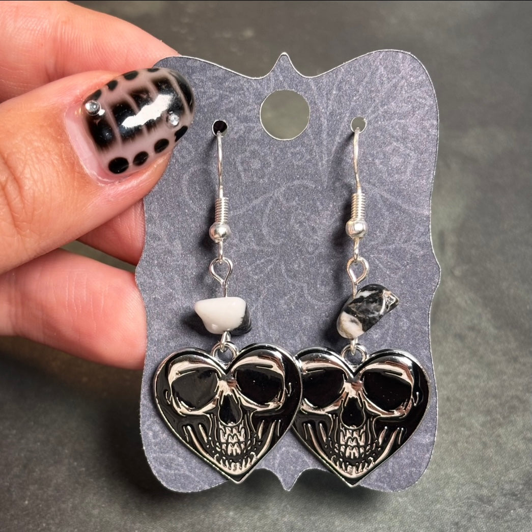 Katie - Skull Hearts & Zebra Jasper Beads Earrings!