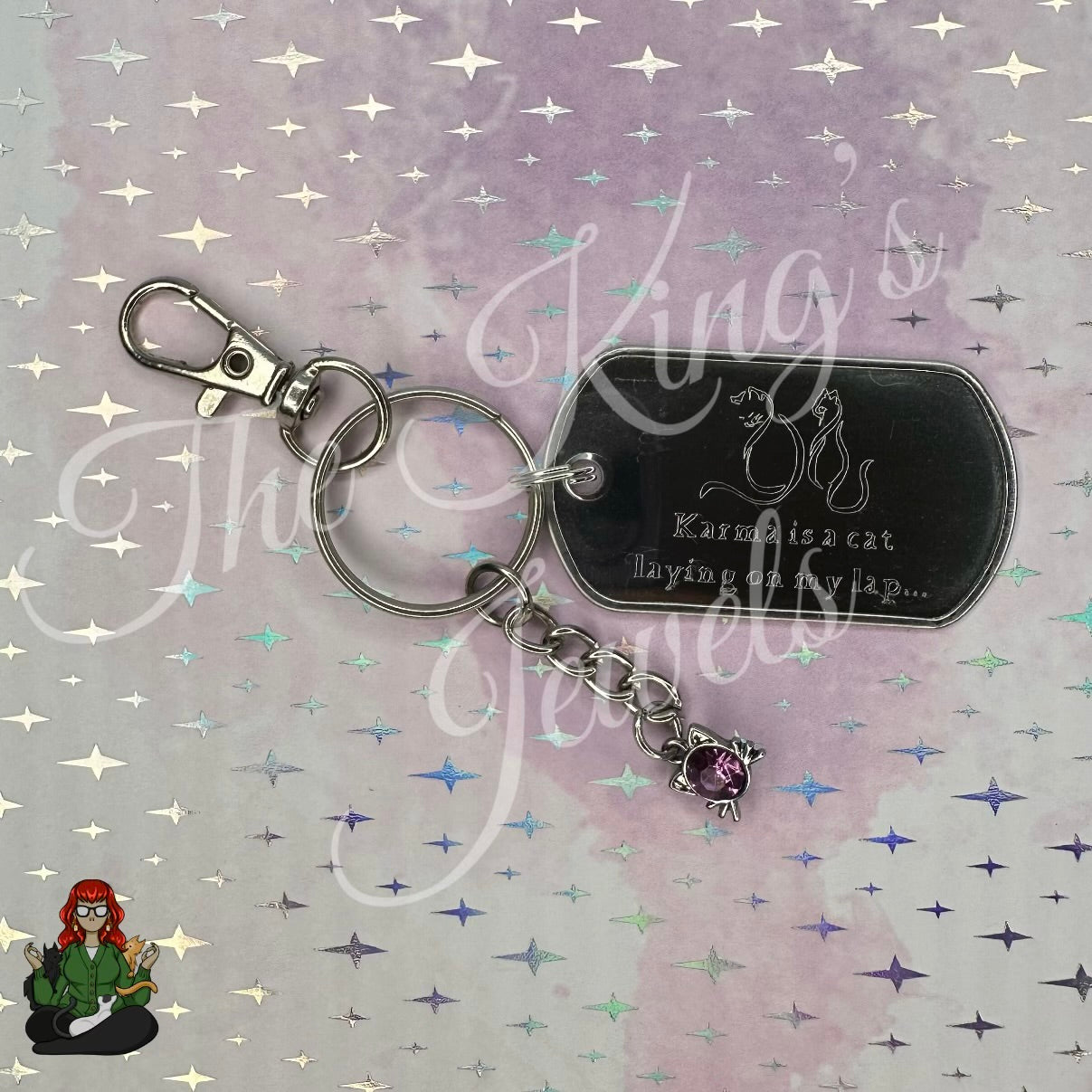 "Karma is a Cat Laying in my Lap" Etched Dog Tag Keychain!