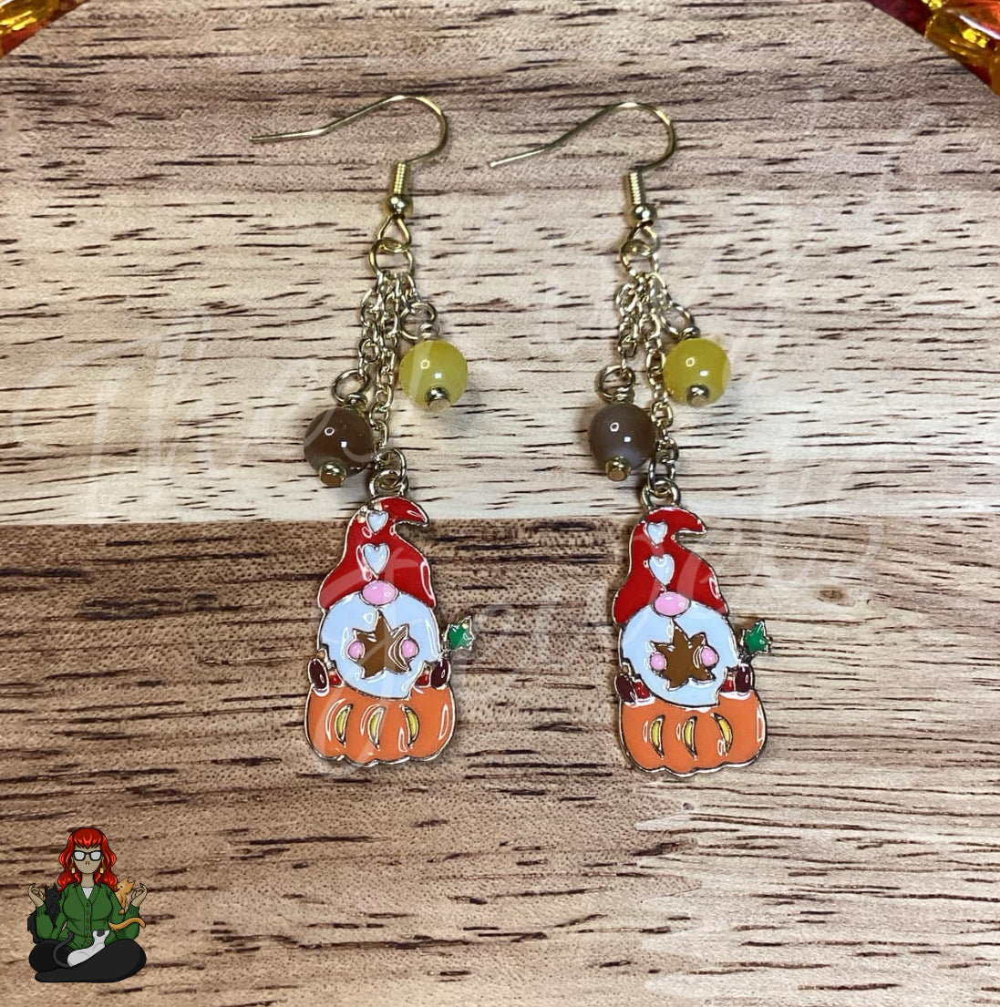 Gladys - Brown & Yellow Beaded Pumpkin Gnome Earrings!