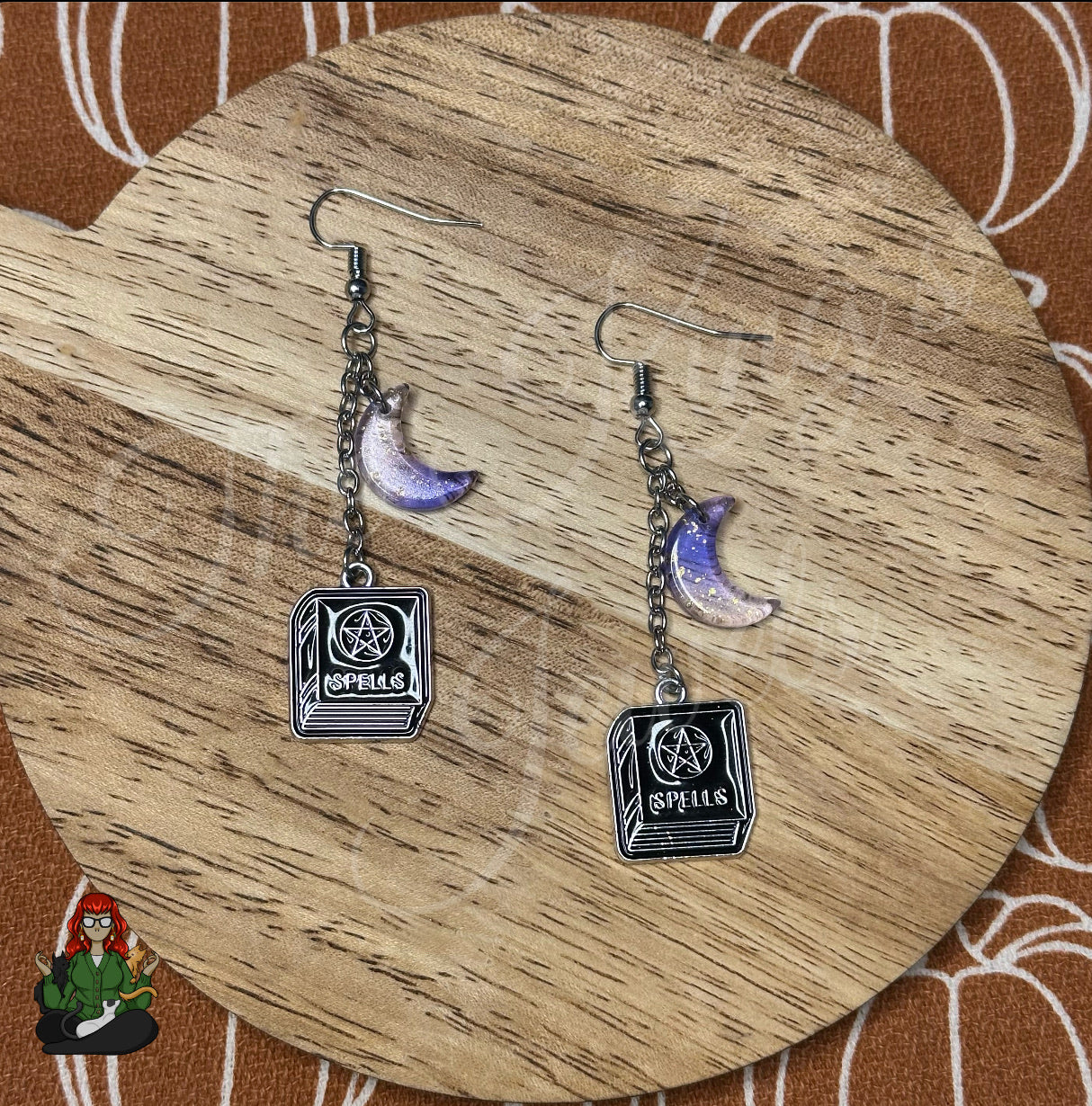 Gladys - Spellbook Charm and Crescent Moon Bead Earrings!