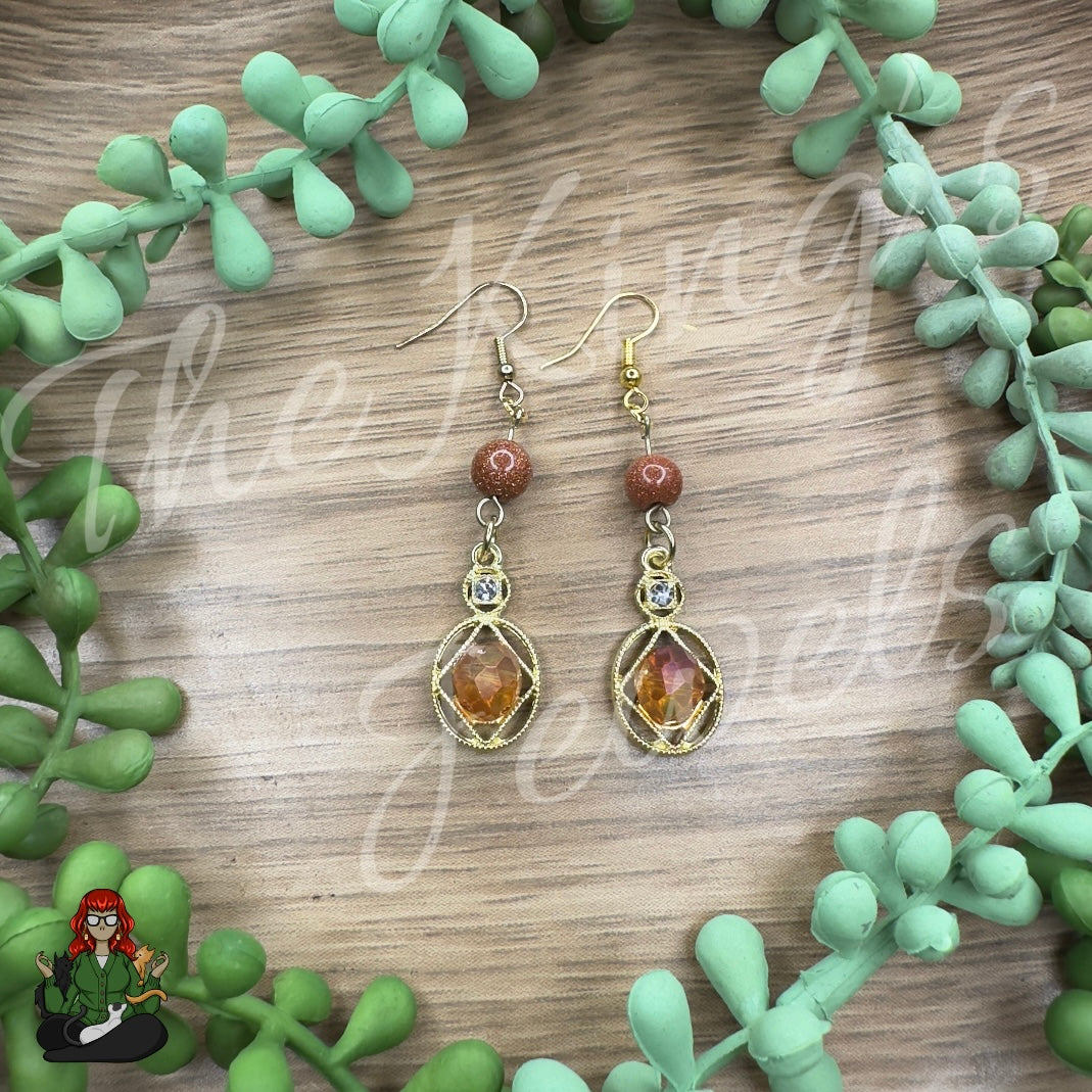 Katie - Goldstone Bead & Orange Rhinestone Earrings!