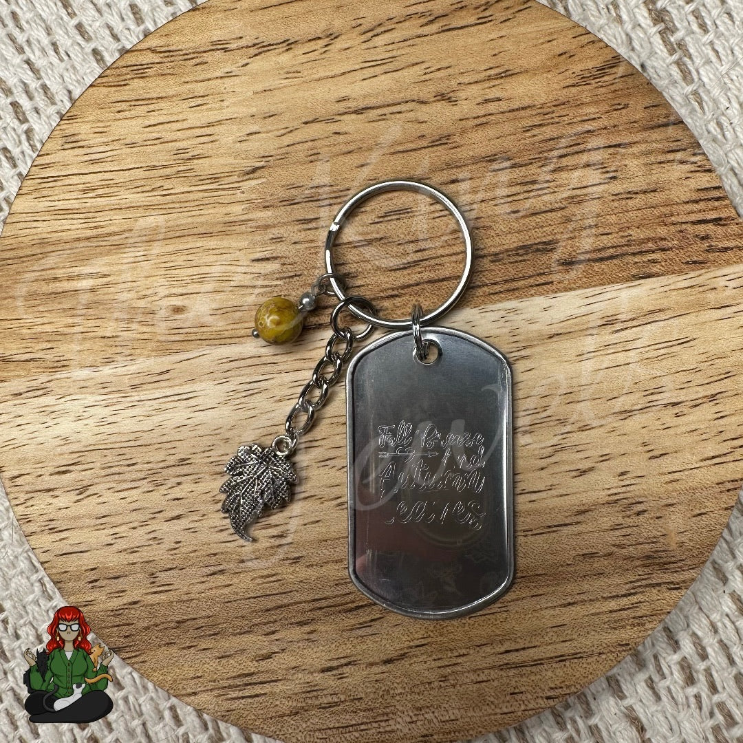 "Fall Breeze & Autumn Leaves" Yellow Bead & Leaf Charm Etched Dog Tag Keychain!