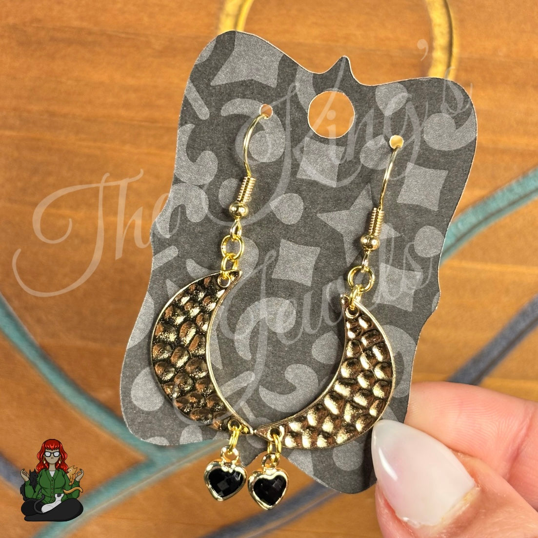 Katie - Hammered Crescent Black Heart Gold Earrings!