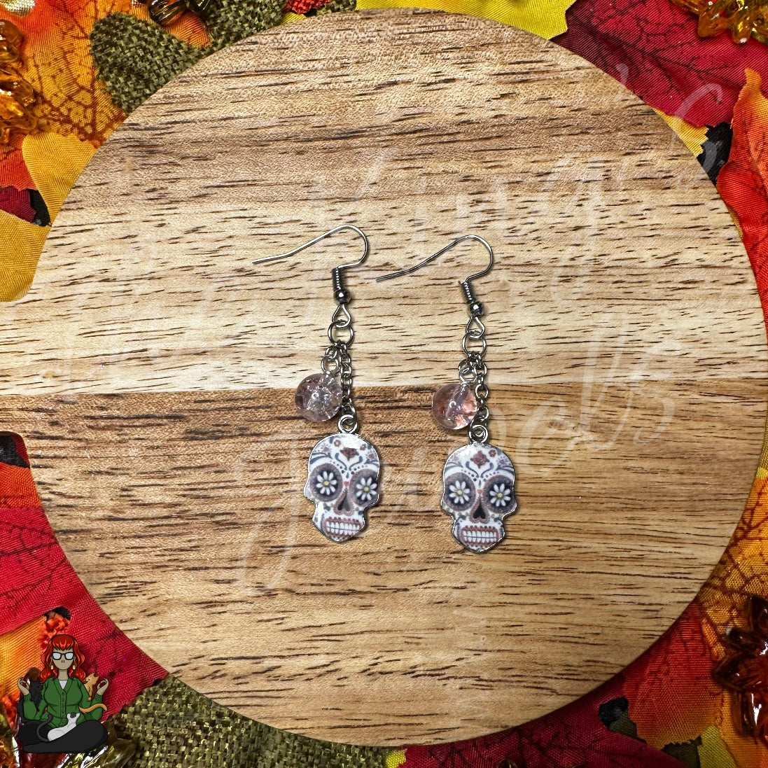 Gladys - Mauve Glass Bead & Sugar Skull Earrings!