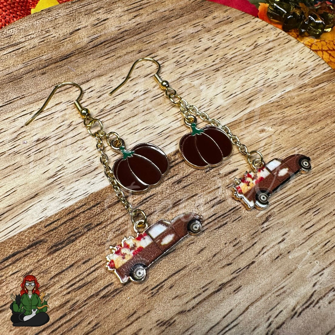 Gladys - Brown Truck & Pumpkin Earrings!