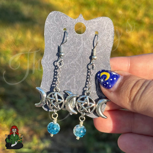 Gladys - Triple Moon Pentacle Blue Bead Earrings!