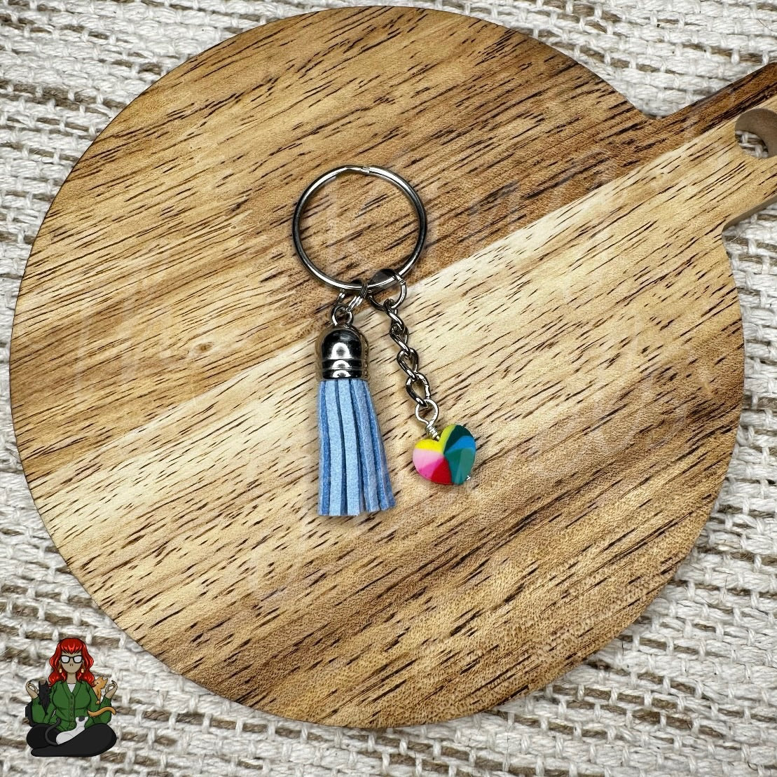 Morgan - Blue Tassel & Multicolored Heart Charm Keychain!