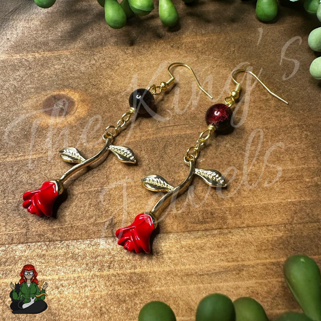 Katie - Red Rose & Black with Red Crackle Bead Earrings!